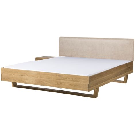 Letto in legno di abete 200x200x85 tinto/oliato naturale con comodino a sinistra - testiera beige FICHTELBERG 156 (1/4)