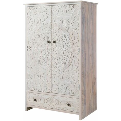 Armadio in legno di mango 108x64x180 bianco oliato KASHMIR 106 (1/4)