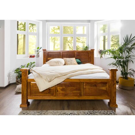 Letto Matrimoniale In Legno Massello Di Acacia OXFORD #0306 – Stile Coloniale Miele Con Cassettoni 180x200