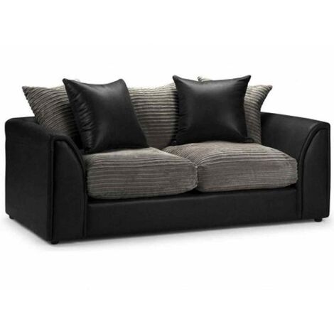 Biyana Modern Jumbo & Faux Leather Fabric 3 Seater - Black and Grey - Black and Grey