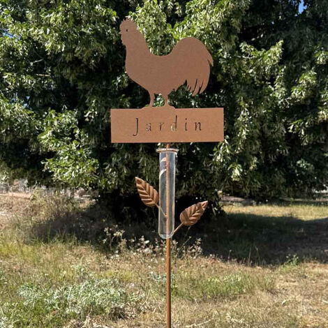 Pluviomètre coq métal à planter jardin 22x6x110cm (1/5)