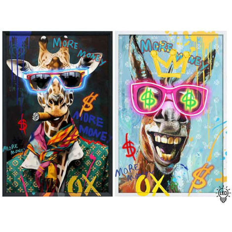Duo 2 tableaux Girafe Âne Toile Noir led 63x4x93cm (1/4)