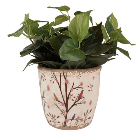 Pot de fleurs d'intérieur beige et marron en céramique motifs branches 16x16cm