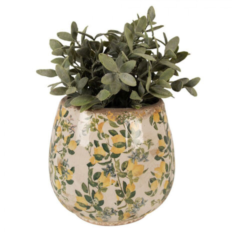 Pot de fleurs d'intérieur beige jaune céramique motifs citrons 8x17cm (1/2)