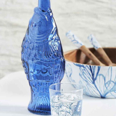 Ancienne Bouteille Ou Carafe En Verre Bleu à Motif Floral - Occasion, à Nettoyer, Vintage