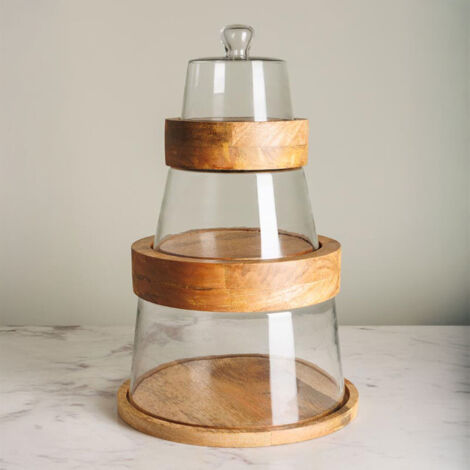Ensemble 3 plateaux et cloches superposables verre et manguier 46x30x30cm (1/5)