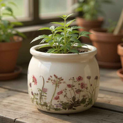 Pot de fleurs en céramique rose beige 16x16x13cm – Finition brillante avec motifs floraux – Forme évasée pour plantes et bouquets – La Grande Prairie