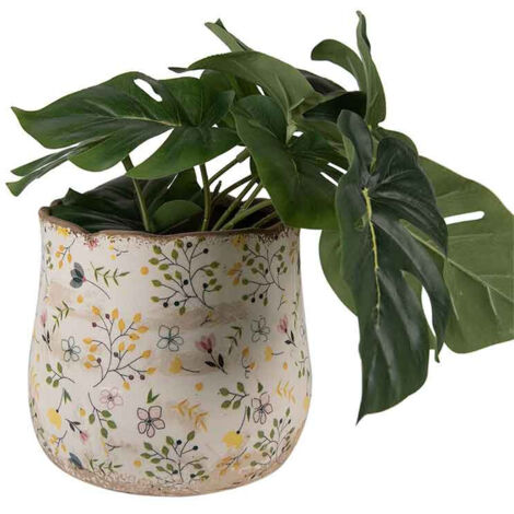 Cache pot fleuri céramique jaune 18x16cm (1/2)