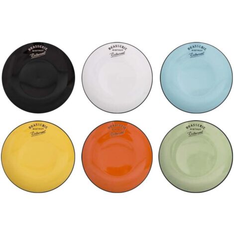 Assiettes plates en céramique colorées 27 cm – Lot de 6 – Inscription 'Brasserie bistrot Restaurant' – Compatibles lave-vaisselle et micro-ondes – Antic Line Créations