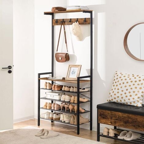 Coat Stand, Coat Rack with Shoe Storage, Industrial Hall Tree, Large Hall Stand, 5 Removable Hooks, Wood Accent Top Shelf, Entryway Storage Shelf, Metal Frame, HOOBRO EBF74MT01