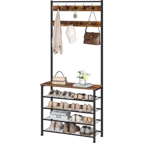 Coat Stand, Coat Rack with Shoe Storage, Free Standing Hall Tree with 9 Hooks, Shoe and Coat Rack for Hallway, Entryway, Metal Frame, Sturdy, Industrial, HOOBRO EBF80MT01G2