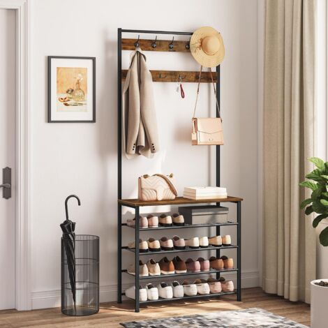 Coat Stand, Coat Rack with Shoe Storage, Free Standing Hall Tree with 9 Hooks, Shoe and Coat Rack for Hallway, Entryway, Metal Frame, Sturdy, Industrial, HOOBRO EBF80MT01G2
