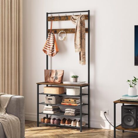 Coat Stand, Coat Rack with Shoe Storage, Free Standing Hall Tree with 9 Hooks, Shoe and Coat Rack for Hallway, Entryway, Metal Frame, Sturdy, Industrial, HOOBRO EBF80MT01G2