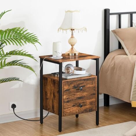 Bedside Table, Side Table with Charging Station, 2 USB Ports and 2 Sockets, End Table with 2 Drawers, Sofa Side Table, Nightstand for Living Room, Bedroom, HOOBRO EBF43KBZ01G2