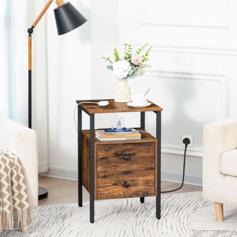 Bedside Table, Side Table with Charging Station, 2 USB Ports and 2 Sockets, End Table with 2 Drawers, Sofa Side Table, Nightstand for Living Room, Bedroom, HOOBRO EBF43KBZ01G2