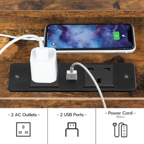 Bedside Table, Side Table with Charging Station, 2 USB Ports and 2 Sockets, End Table with 2 Drawers, Sofa Side Table, Nightstand for Living Room, Bedroom, HOOBRO EBF43KBZ01G2