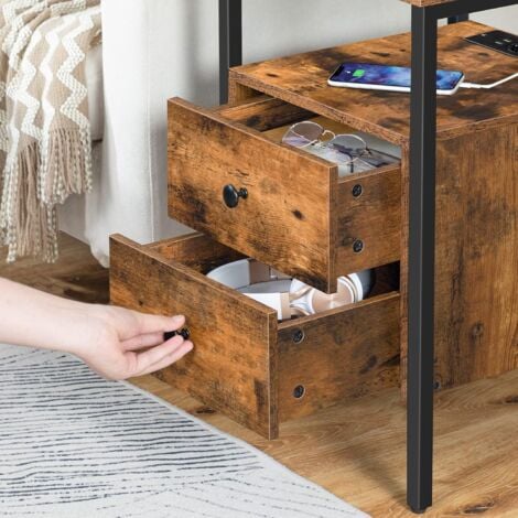 Bedside Table, Side Table with Charging Station, 2 USB Ports and 2 Sockets, End Table with 2 Drawers, Sofa Side Table, Nightstand for Living Room, Bedroom, HOOBRO EBF43KBZ01G2