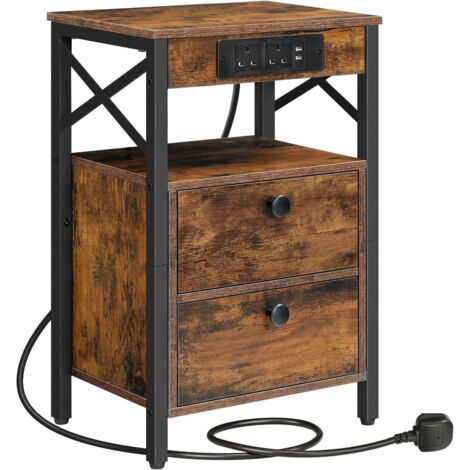 Bedside Table with Charging Station, Side Table with 2 USB Ports and 2 AC Outlets, Bed Side Table with 2 Flip-Down Compartments, Sofa End Table, for Living Room, HOOBRO EBF138KBZ01