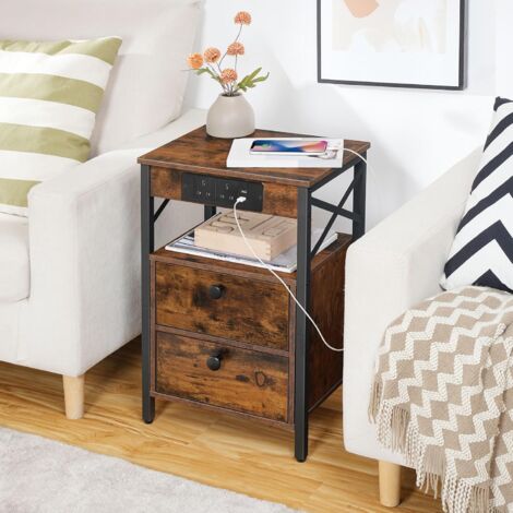 Bedside Table with Charging Station, Side Table with 2 USB Ports and 2 AC Outlets, Bed Side Table with 2 Flip-Down Compartments, Sofa End Table, for Living Room, HOOBRO EBF138KBZ01