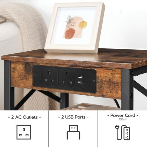 Bedside Table with Charging Station, Side Table with 2 USB Ports and 2 AC Outlets, Bed Side Table with 2 Flip-Down Compartments, Sofa End Table, for Living Room, HOOBRO EBF138KBZ01