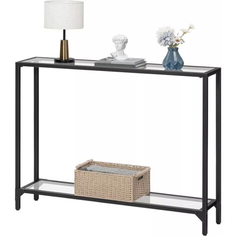 Console Table, Tempered Glass Sofa Table, Slim Hallway Table with 2 Shelves, Narrow Entryway Table, 100 x 22 x 80 cm, Modern Display Table for Living Room, Metal Frame, HOOBRO EBK04XG01