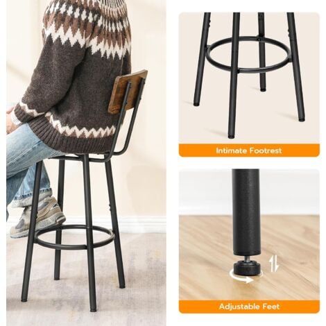 Bar Stools Set of 2, Breakfast Bar Stools, Kitchen Stools with Backs and Footrest, High Bar Chairs for Dining Room, Party, HOOBRO EBF32BY01G1