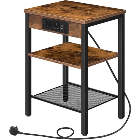 Side Table with Charging Station, Bedside Table with Charging Station, 2 Sockets and 2 USB Ports, Narrow Side Table, 3-Tier Bedside Table, Adjustable Shelf, HOOBRO EBF112KBZ01