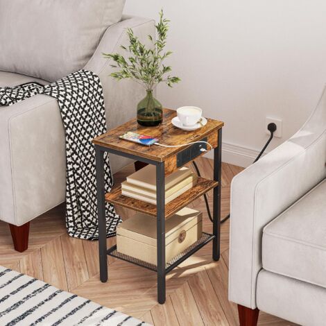 Side Table with Charging Station, Bedside Table with Charging Station, 2 Sockets and 2 USB Ports, Narrow Side Table, 3-Tier Bedside Table, Adjustable Shelf, HOOBRO EBF112KBZ01
