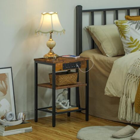 Side Table with Charging Station, Bedside Table with Charging Station, 2 Sockets and 2 USB Ports, Narrow Side Table, 3-Tier Bedside Table, Adjustable Shelf, HOOBRO EBF112KBZ01