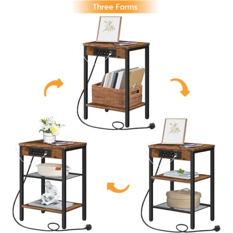 Side Table with Charging Station, Bedside Table with Charging Station, 2 Sockets and 2 USB Ports, Narrow Side Table, 3-Tier Bedside Table, Adjustable Shelf, HOOBRO EBF112KBZ01