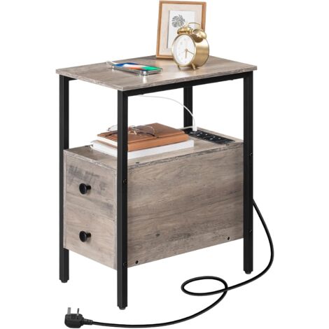 Side Table, Narrow Bedside Table with Charging Station, USB Ports and Power Outlets, Slim Side Table for Small Spaces, 2 Drawers, Industrial Nightstand, HOOBRO EBG548KBZ01G1