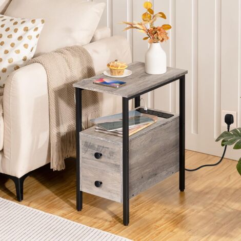 Side Table, Narrow Bedside Table with Charging Station, USB Ports and Power Outlets, Slim Side Table for Small Spaces, 2 Drawers, Industrial Nightstand, HOOBRO EBG548KBZ01G1