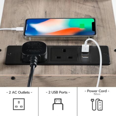 Side Table, Narrow Bedside Table with Charging Station, USB Ports and Power Outlets, Slim Side Table for Small Spaces, 2 Drawers, Industrial Nightstand, HOOBRO EBG548KBZ01G1