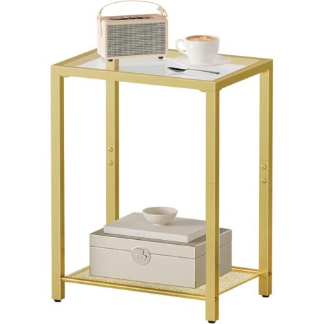 Gold Side Table, Bed Side Table, Tempered Glass Sofa Side Table, Small Coffee Table with Metal Mesh Shelf, 2-Tier End Table, Laptop Table for Living Room, Bedroom, Metal Frame, HOOBRO EGD76BZ01