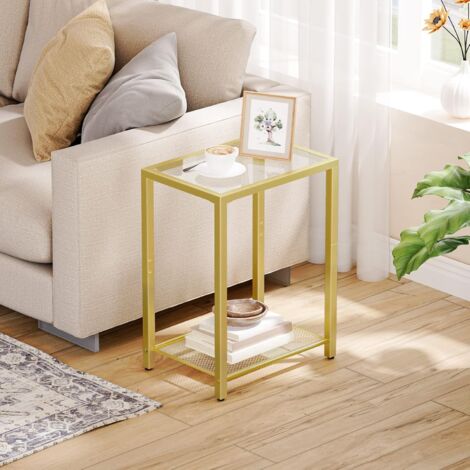 Gold Side Table, Bed Side Table, Tempered Glass Sofa Side Table, Small Coffee Table with Metal Mesh Shelf, 2-Tier End Table, Laptop Table for Living Room, Bedroom, Metal Frame, HOOBRO EGD76BZ01