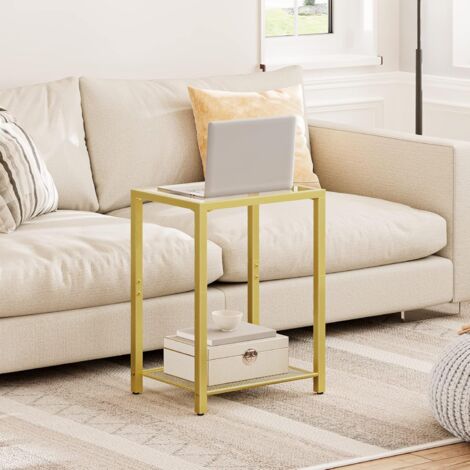 Gold Side Table, Bed Side Table, Tempered Glass Sofa Side Table, Small Coffee Table with Metal Mesh Shelf, 2-Tier End Table, Laptop Table for Living Room, Bedroom, Metal Frame, HOOBRO EGD76BZ01