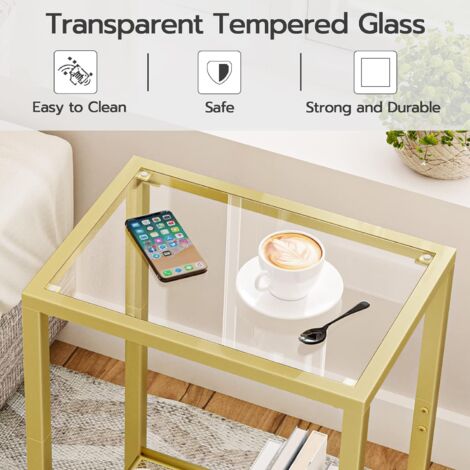 Gold Side Table, Bed Side Table, Tempered Glass Sofa Side Table, Small Coffee Table with Metal Mesh Shelf, 2-Tier End Table, Laptop Table for Living Room, Bedroom, Metal Frame, HOOBRO EGD76BZ01