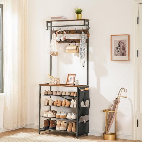 Coat Stand, Coat Rack with Shoe Storage, Hall Tree with Tiltable Mesh Shelves, 4 Removable Hooks, Side Storage Pocket, Shoe and Coat Rack for Hallway, Living Room, HOOBRO EBF75MT01