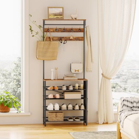 Coat Stand, Coat Rack with Shoe Storage, Hall Tree with Tiltable Mesh Shelves, 4 Removable Hooks, Side Storage Pocket, Shoe and Coat Rack for Hallway, Living Room, HOOBRO EBF75MT01