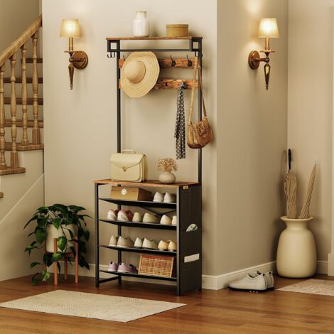 Coat Stand, Coat Rack with Shoe Storage, Hall Tree with Tiltable Mesh Shelves, 4 Removable Hooks, Side Storage Pocket, Shoe and Coat Rack for Hallway, Living Room, HOOBRO EBF75MT01