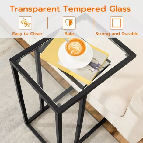 C Shaped End Table Tempered Glass Side Table Coffee Table for Small Space,HOOBRO EBK03SF01