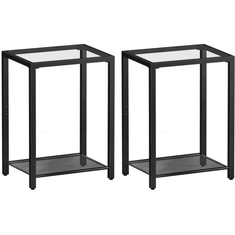 Set of 2 Side Tables, 2-Tier End Table, Nightstands for Tight Spaces, Tempered Glass Bedside Tables, Modern Metal Frame, for Office, Bedroom, Living Room, Study, HOOBRO EBK76BZP201