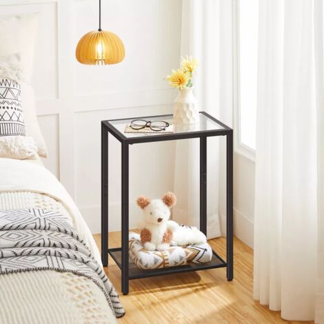 Set of 2 Side Tables, 2-Tier End Table, Nightstands for Tight Spaces, Tempered Glass Bedside Tables, Modern Metal Frame, for Office, Bedroom, Living Room, Study, HOOBRO EBK76BZP201