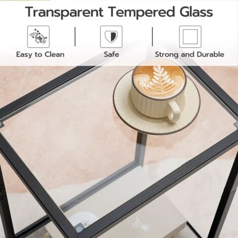 Set of 2 Side Tables, 2-Tier End Table, Nightstands for Tight Spaces, Tempered Glass Bedside Tables, Modern Metal Frame, for Office, Bedroom, Living Room, Study, HOOBRO EBK76BZP201