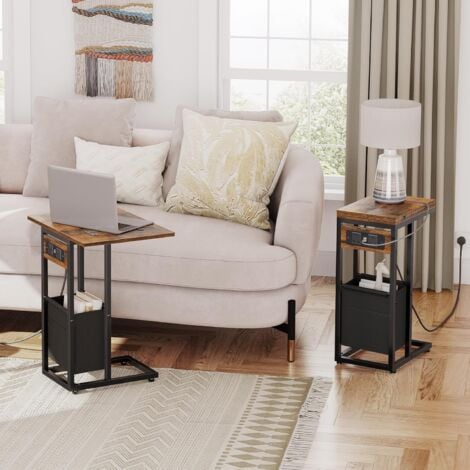 C Shaped Side Table, Sofa Side Table with Charging Station, Foldable Laptop Table for Sofa, 2 USB Ports and 2 AC Outlets, Bedside Table with Fabric Bag, HOOBRO EBF30KSF01