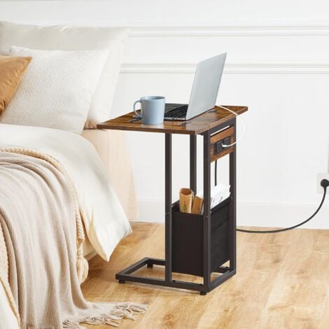 C Shaped Side Table, Sofa Side Table with Charging Station, Foldable Laptop Table for Sofa, 2 USB Ports and 2 AC Outlets, Bedside Table with Fabric Bag, HOOBRO EBF30KSF01