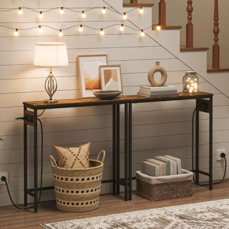 Console Table with Power Outlets, Slim Console Table with Charging Station, Hallway Table, Narrow Sofa Table for Small Space, Hallway, Entryway, Living Room, Rustic Brown and Black EBF75KXG01G1,HOOBRO