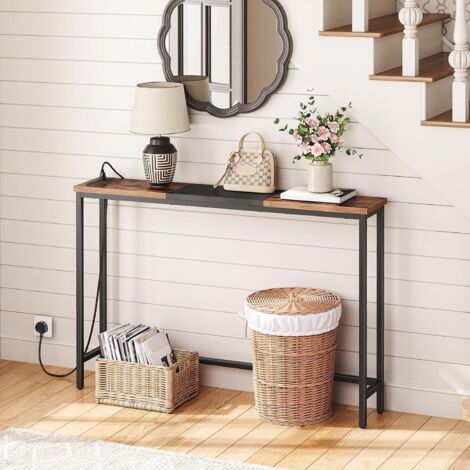 Console Table with Charging Station,114 cm Behind Sofa Table, Slim Console Table for Hallway, with Power Outlet, for Entryway, Living Room, Small Spaces, Rustic Brown and Black EBF114KXG01, HOOBRO