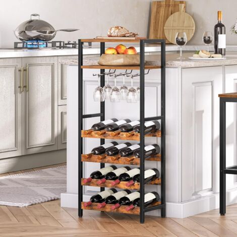 Wine Racks, Wine Holder Display Storage Shelves, Wooden Wine Shelf, 16 Bottle Wine Storage Rack with Glass Holder, Bar Shelves, Tall, Industrial, for Kitchen, Cellar, Rustic Brown EBF04JJ01,HOOBRO