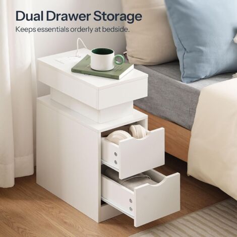Bedside Table with Charging Station, Slim LED Nightstand with 2 Drawers, Narrow Side Table with Power, for Small Spaces, Bedroom, Living Room, White EWT201KDBZ01,HOOBRO